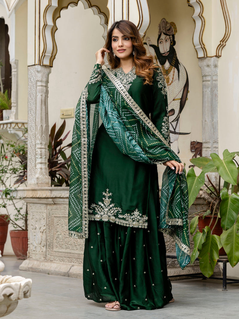 Darkgreen Satin Embroidery Kurta Palazzo with Dupatta Set For Women 's Trendmallsin