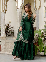 Darkgreen Satin Embroidery Kurta Palazzo with Dupatta Set For Women 's Trendmallsin