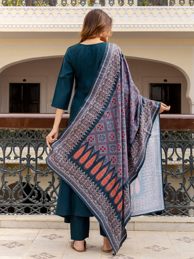 Teal Blue Art Silk Embroidery Anarkali Salwar Suit with Dupatta Set For Women's Trendmallsin