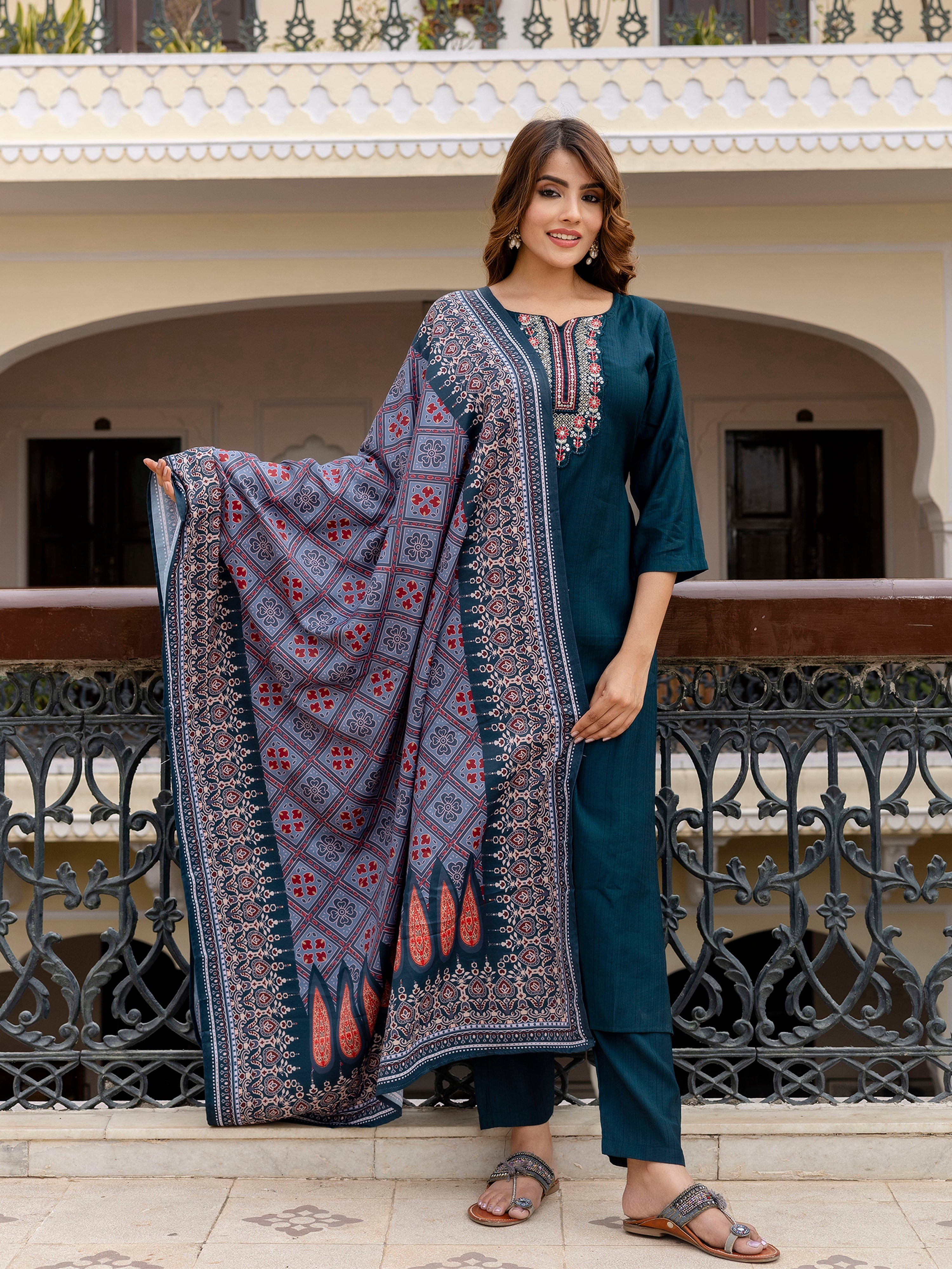 Teal Blue Art Silk Embroidery Anarkali Salwar Suit with Dupatta Set For Women's Trendmallsin