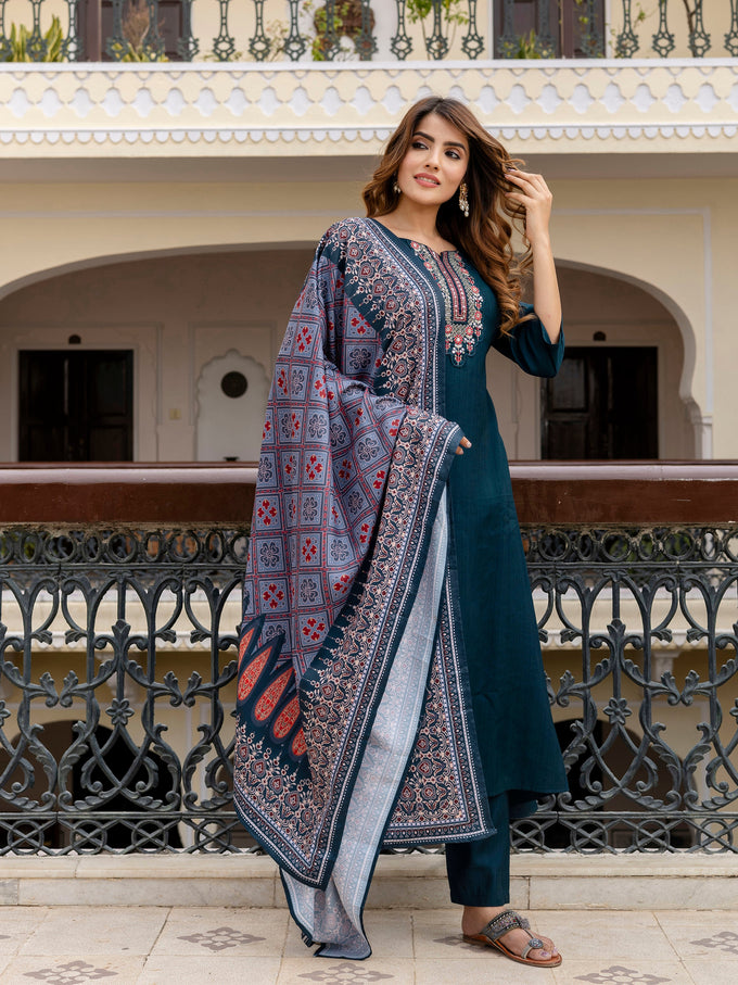 Teal Blue Art Silk Embroidery Anarkali Salwar Suit with Dupatta Set For Women's Trendmallsin