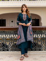 Teal Blue Art Silk Embroidery Anarkali Salwar Suit with Dupatta Set For Women's Trendmallsin