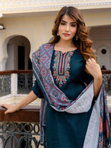 Teal Blue Art Silk Embroidery Anarkali Salwar Suit with Dupatta Set For Women's Trendmallsin