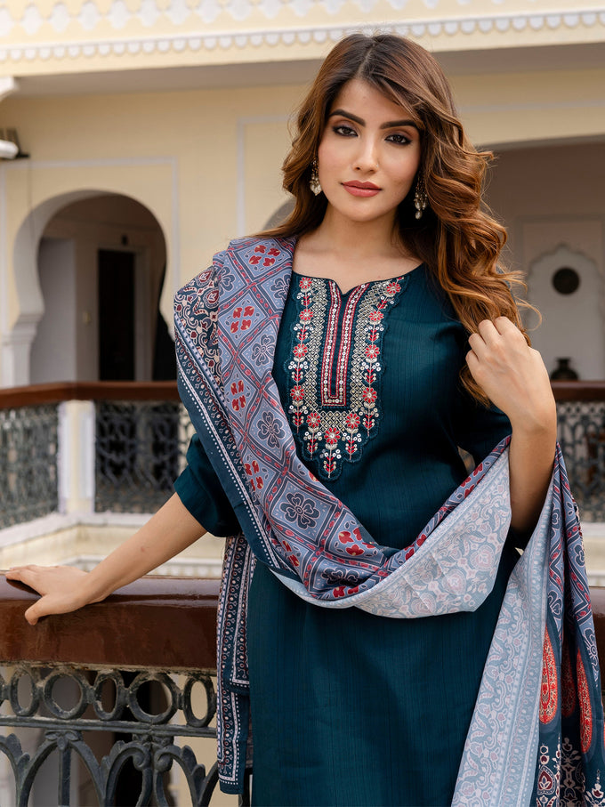 Teal Blue Art Silk Embroidery Anarkali Salwar Suit with Dupatta Set For Women's Trendmallsin