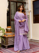 Purple Art Silk Embroidery Kurta Sharara Set with Dupatta For Women's Trendmallsin