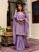Purple Art Silk Embroidery Kurta Sharara Set with Dupatta For Women's Trendmallsin