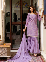 Purple Art Silk Embroidery Kurta Sharara Set with Dupatta For Women's Trendmallsin