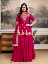 Pink Georgette Embroidery Kurta Sharara Set with Dupatta For Women's Trendmalls