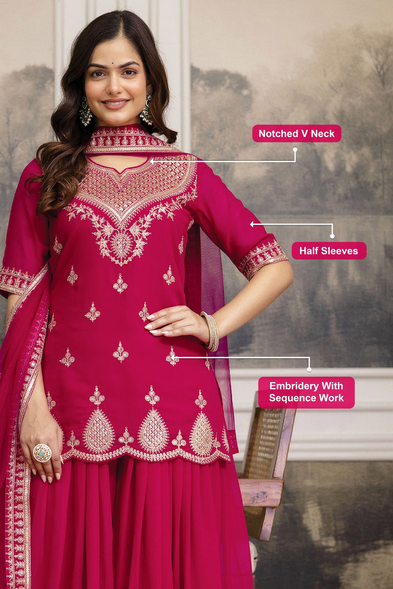 Pink Georgette Embroidery Kurta Sharara Set with Dupatta For Women's Trendmalls