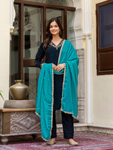 Blue Velvet Embroidery Salwar Suit Set with Dupatta for Women Trendmallsin