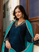 Blue Velvet Embroidery Salwar Suit Set with Dupatta for Women Trendmallsin