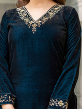Blue Velvet Embroidery Salwar Suit Set with Dupatta for Women Trendmallsin
