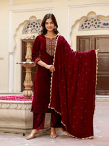 Maroon Velvet Embroidery Salwar Suit Set with Dupatta for Women Trendmallsin