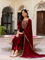 Maroon Velvet Embroidery Salwar Suit Set with Dupatta for Women Trendmallsin