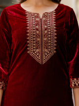 Maroon Velvet Embroidery Salwar Suit Set with Dupatta for Women Trendmallsin
