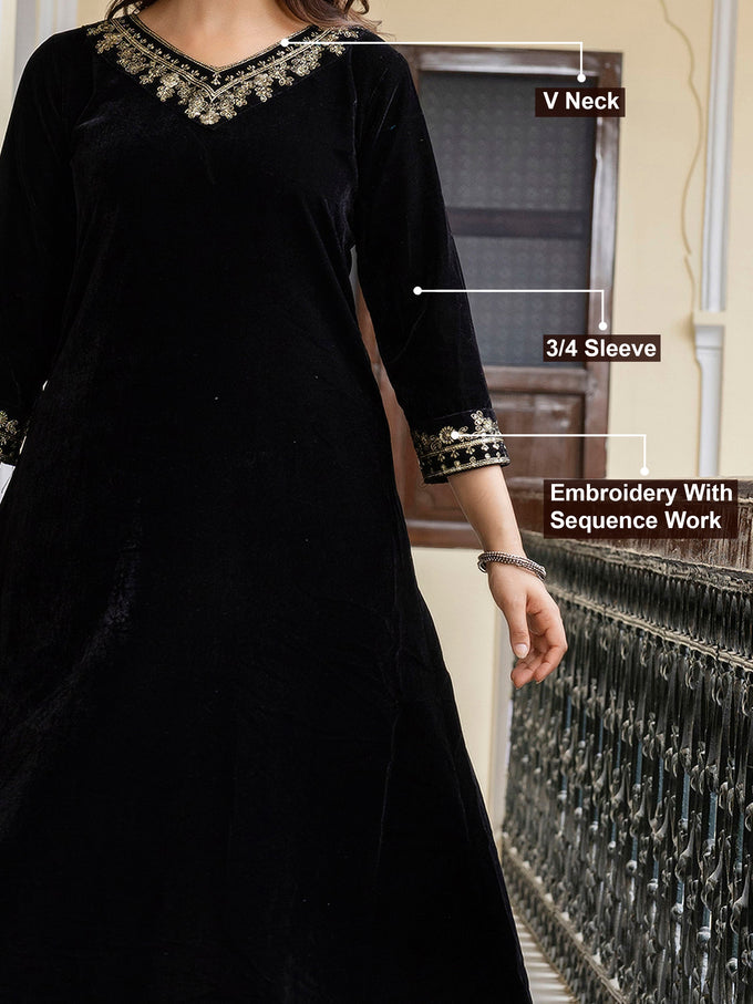 Black Velvet Embroidery Set A line Salwar Suit with Dupatta for Women's Trendmallsin
