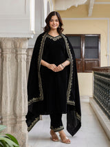 Black Velvet Embroidery Set A line Salwar Suit with Dupatta for Women's Trendmallsin