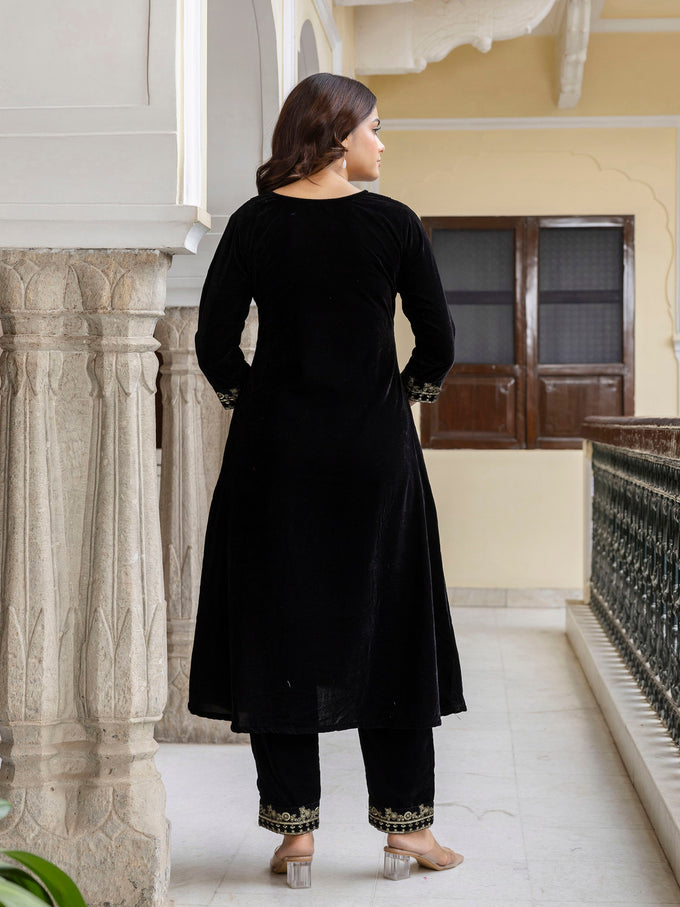 Black Velvet Embroidery Set A line Salwar Suit with Dupatta for Women's Trendmallsin