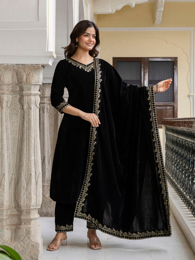 Black Velvet Embroidery Set A line Salwar Suit with Dupatta for Women's Trendmallsin