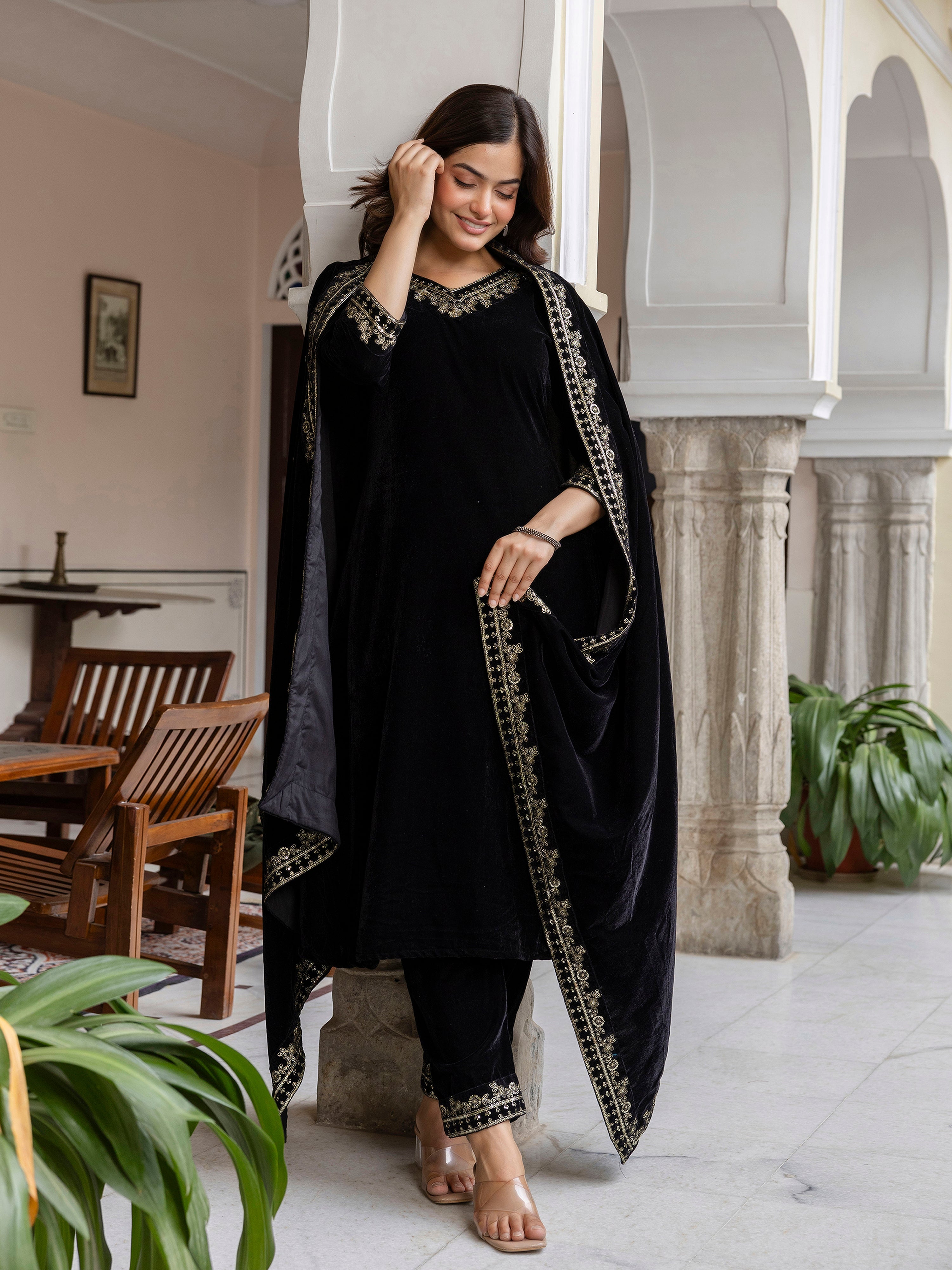 Black Velvet Embroidery Set A line Salwar Suit with Dupatta for Women's Trendmallsin