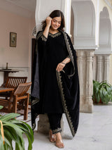 Black Velvet Embroidery Set A line Salwar Suit with Dupatta for Women's Trendmallsin
