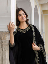 Black Velvet Embroidery Set A line Salwar Suit with Dupatta for Women's Trendmallsin