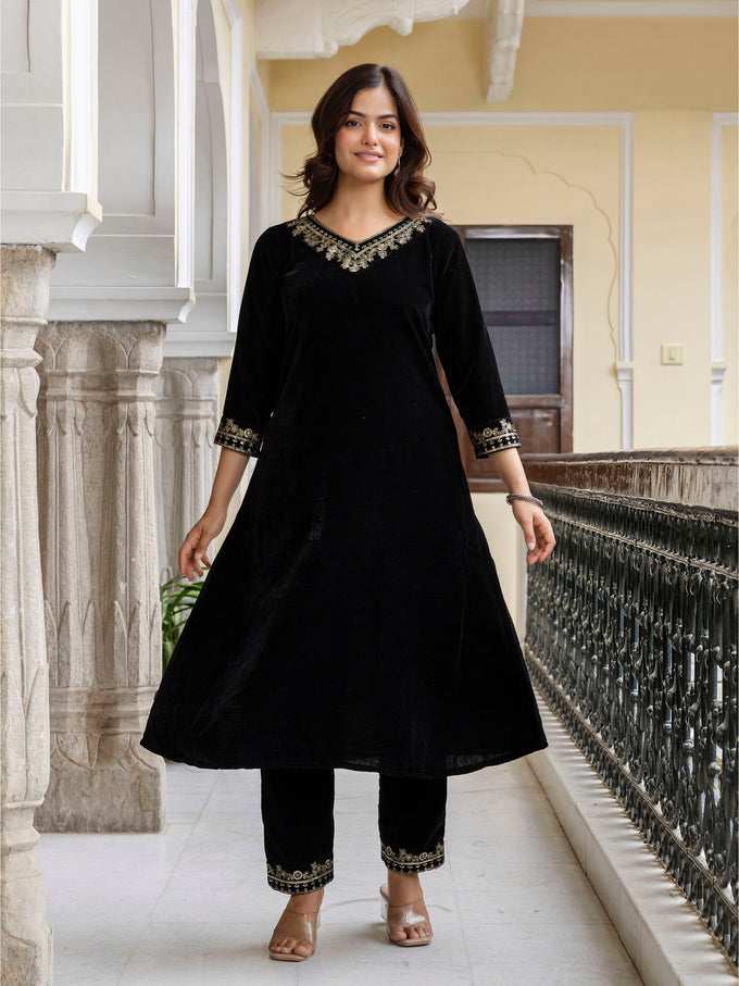 Black Velvet Embroidery Set A line Salwar Suit with Dupatta for Women's Trendmallsin