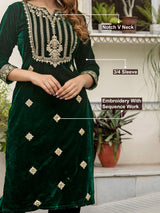 Green Velvet Embroidery Salwar Suit Set with Dupatta for Women's Trendmallsin