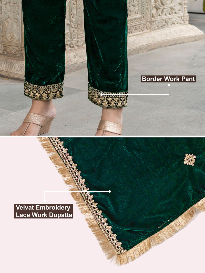 Green Velvet Embroidery Salwar Suit Set with Dupatta for Women's Trendmallsin
