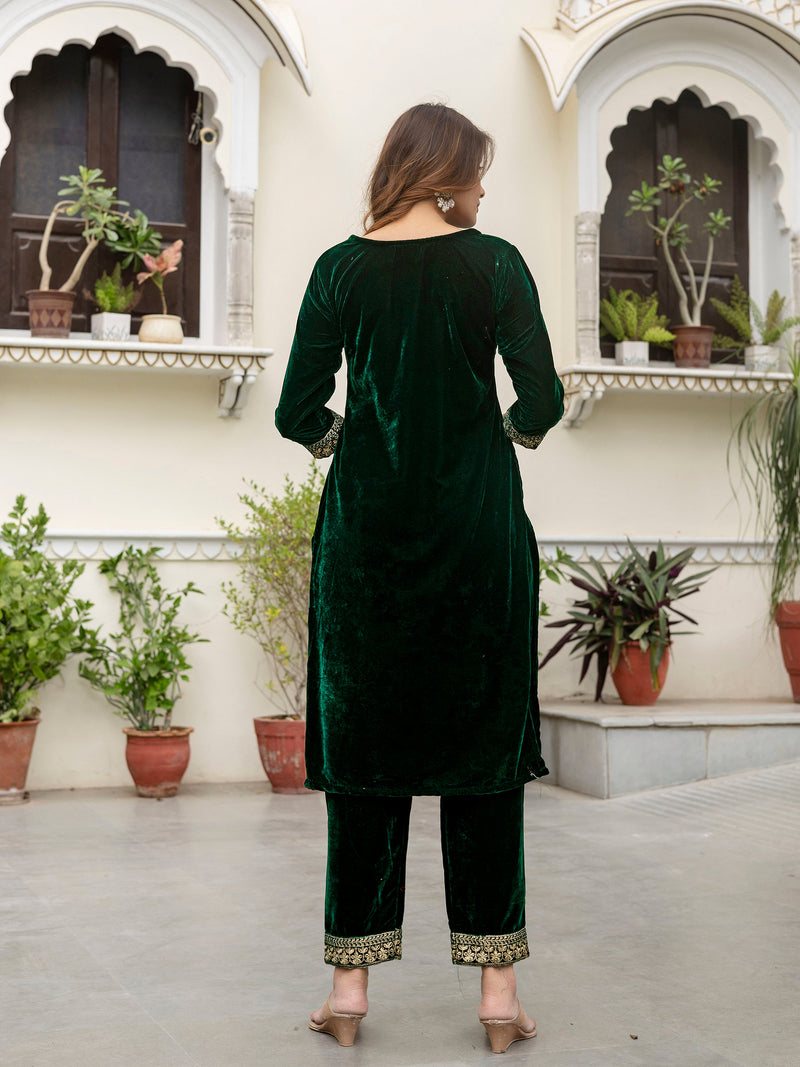 Green Velvet Embroidery Salwar Suit Set with Dupatta for Women's Trendmallsin