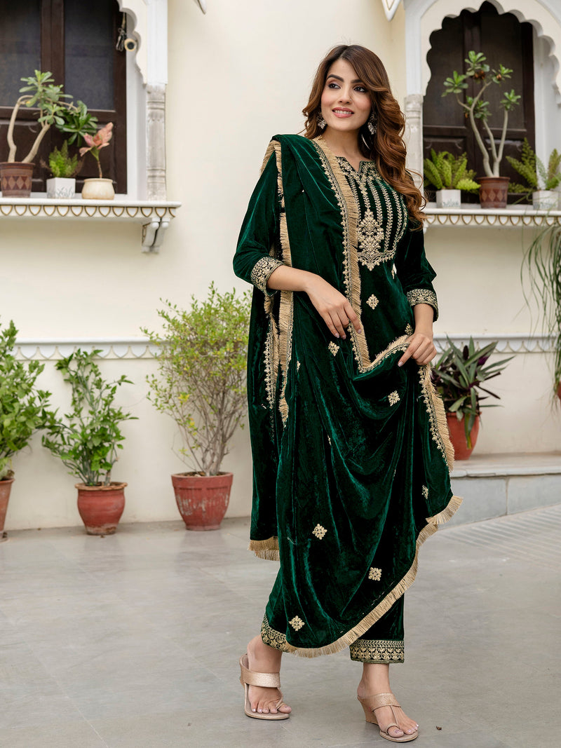 Green Velvet Embroidery Salwar Suit Set with Dupatta for Women's Trendmallsin