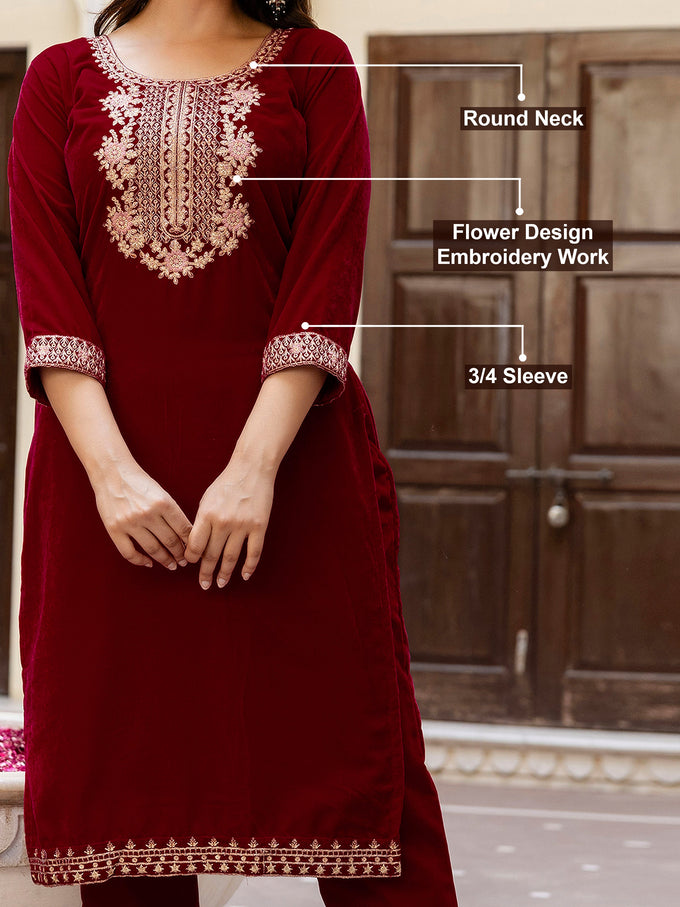 Maroon Velvet Embroidery Salwar Suit Set with Dupatta Green Kurta Set for Women's Trendmallsin