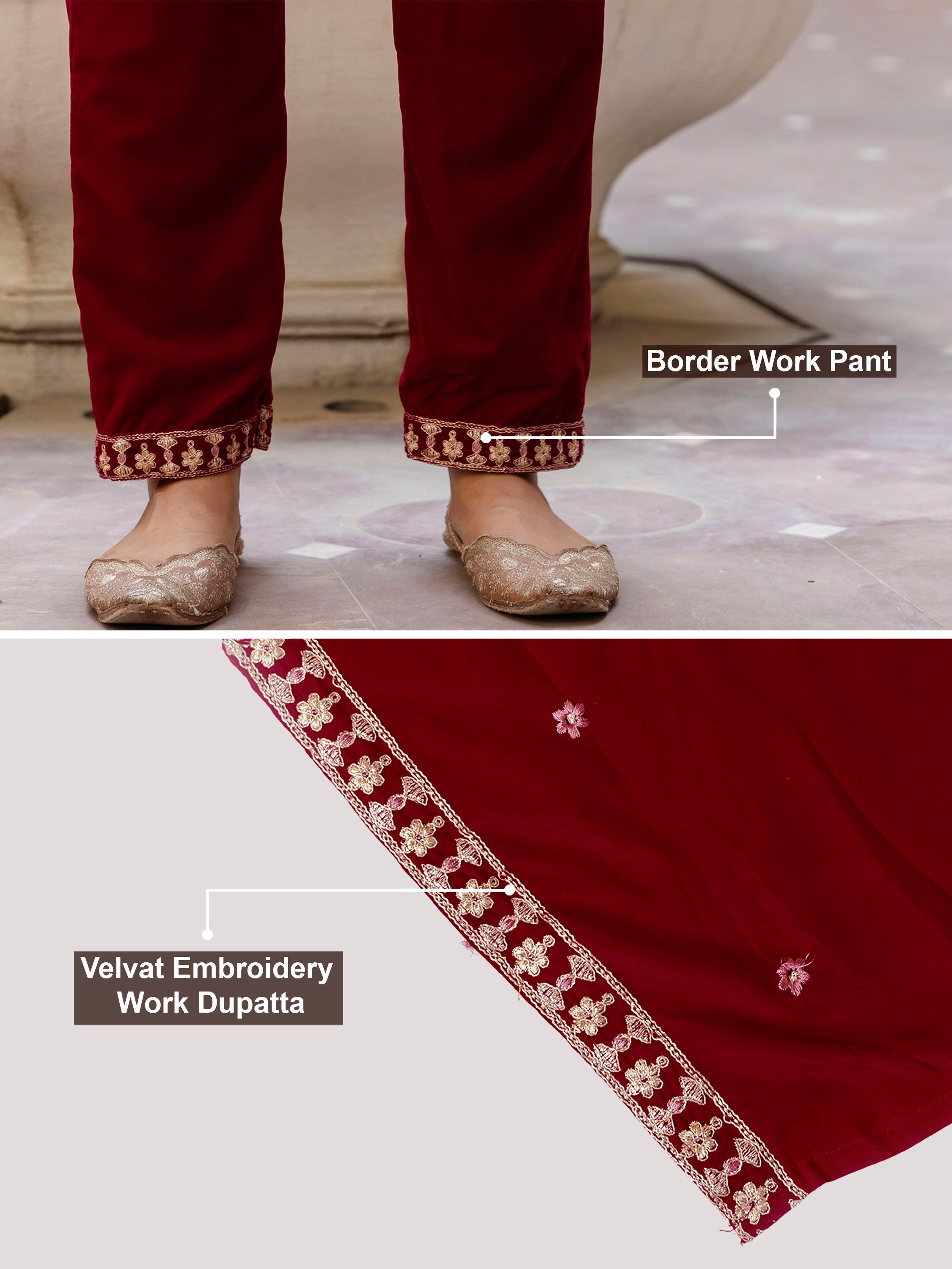 Maroon Velvet Embroidery Salwar Suit Set with Dupatta Green Kurta Set for Women's Trendmallsin