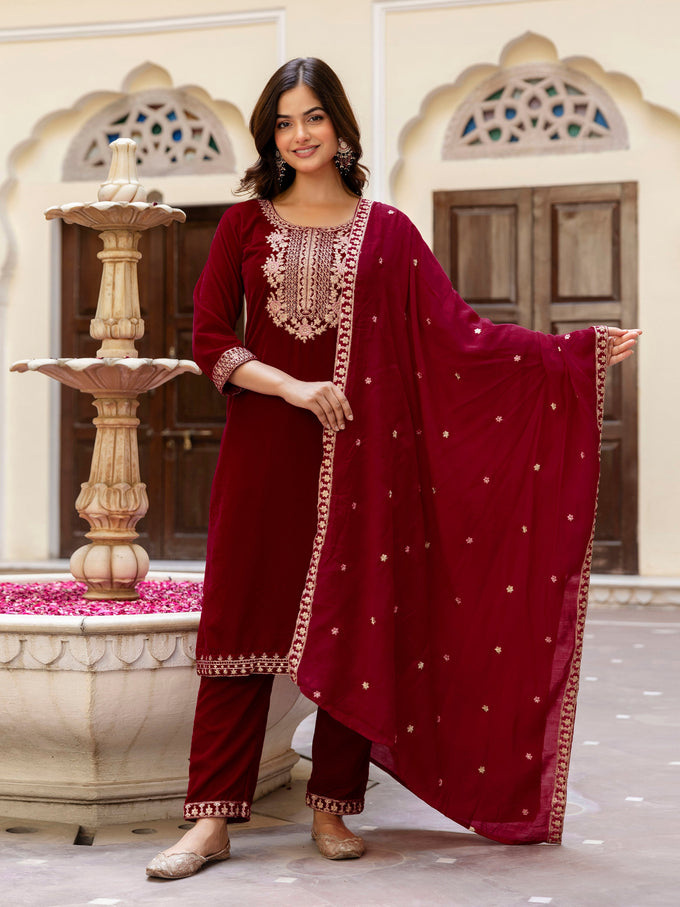Maroon Velvet Embroidery Salwar Suit Set with Dupatta Green Kurta Set for Women's Trendmallsin