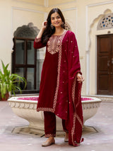 Maroon Velvet Embroidery Salwar Suit Set with Dupatta Green Kurta Set for Women's Trendmallsin