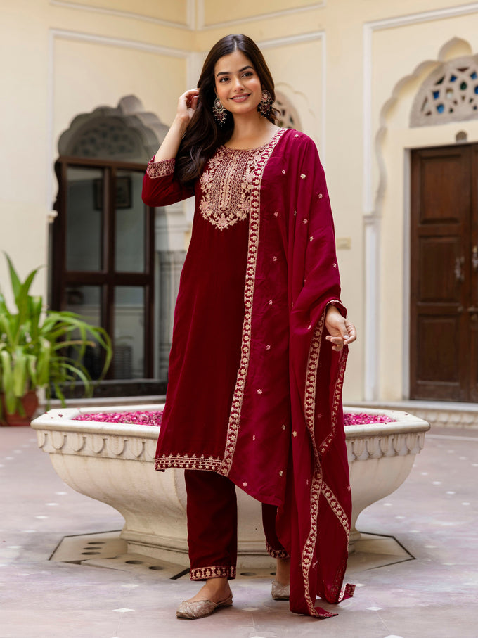 Maroon Velvet Embroidery Salwar Suit Set with Dupatta Green Kurta Set for Women's Trendmallsin