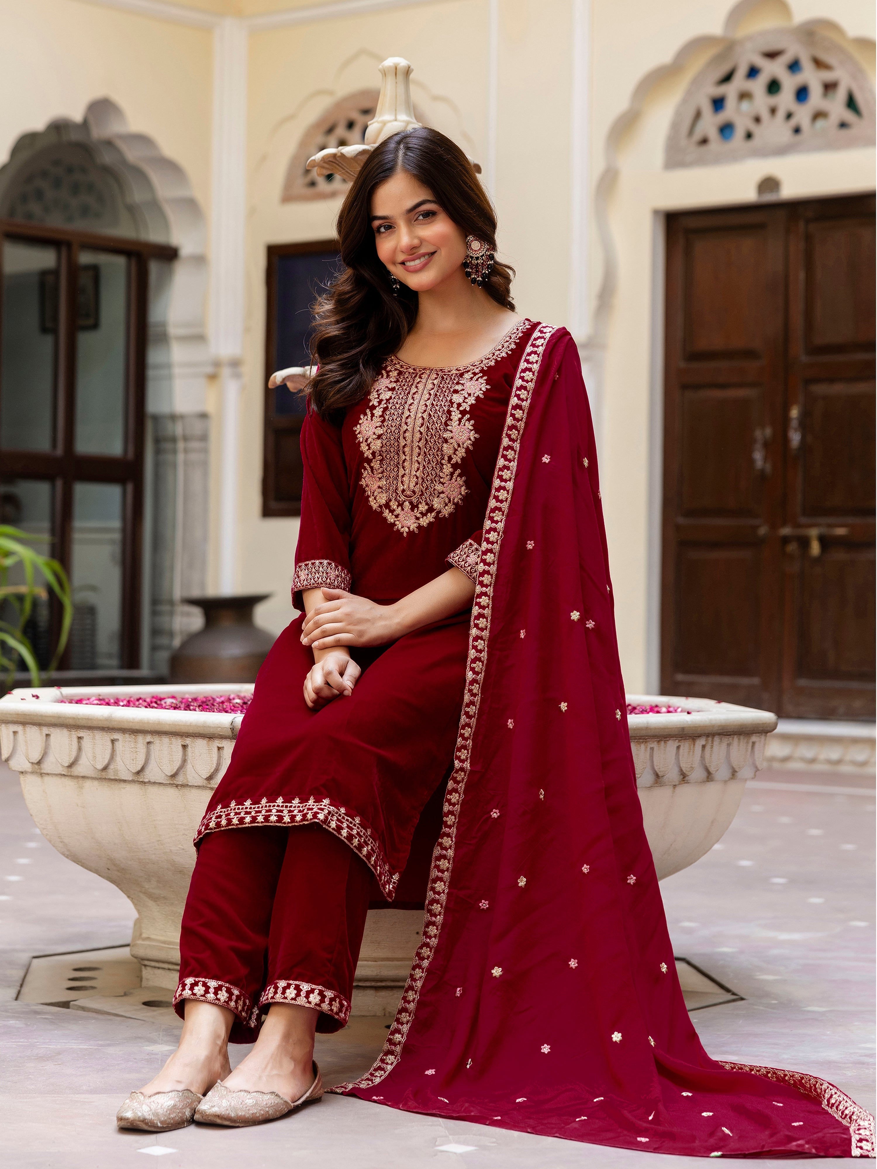 Maroon Velvet Embroidery Salwar Suit Set with Dupatta Green Kurta Set for Women's Trendmallsin