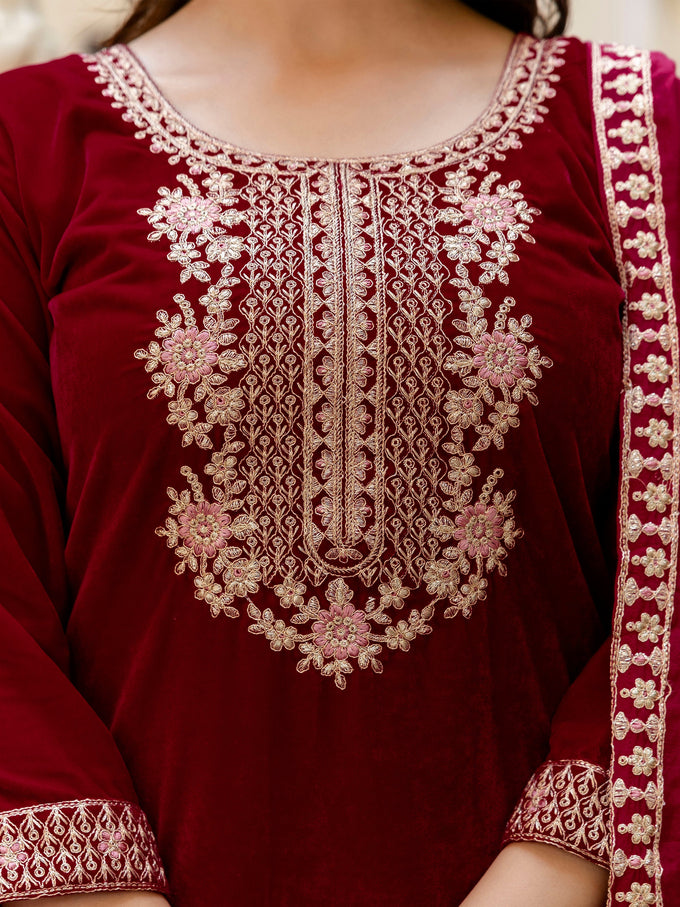 Maroon Velvet Embroidery Salwar Suit Set with Dupatta Green Kurta Set for Women's Trendmallsin