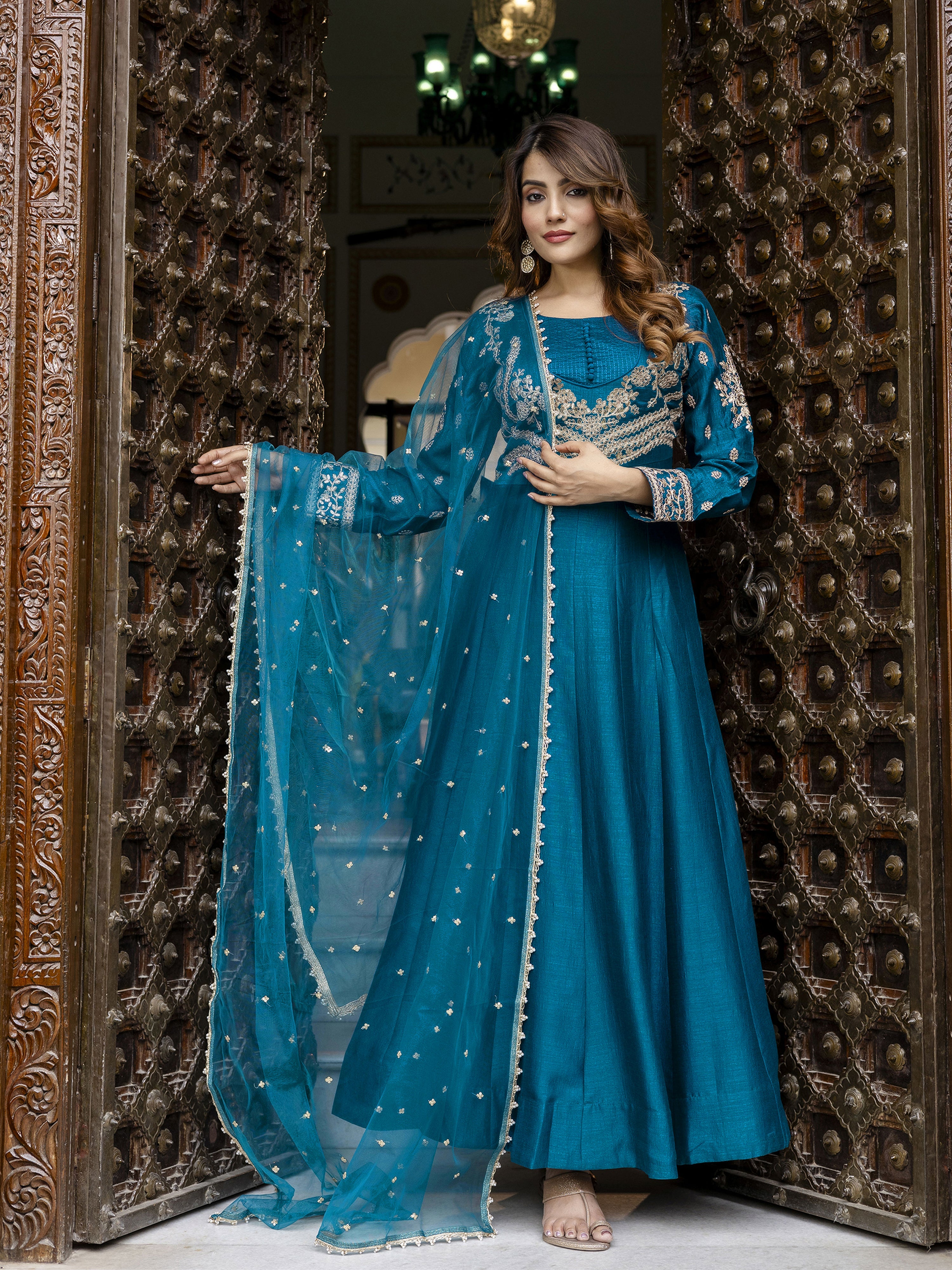 Morpeach Art Silk Embroidery Work Anarkali Kurta Pant with Net Dupatta Set Trendmalls