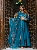 Morpeach Art Silk Embroidery Work Anarkali Kurta Pant with Net Dupatta Set Trendmalls