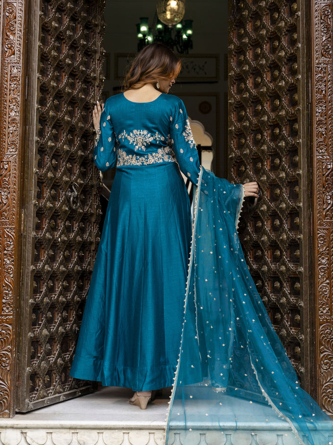 Morpeach Art Silk Embroidery Work Anarkali Kurta Pant with Net Dupatta Set Trendmalls