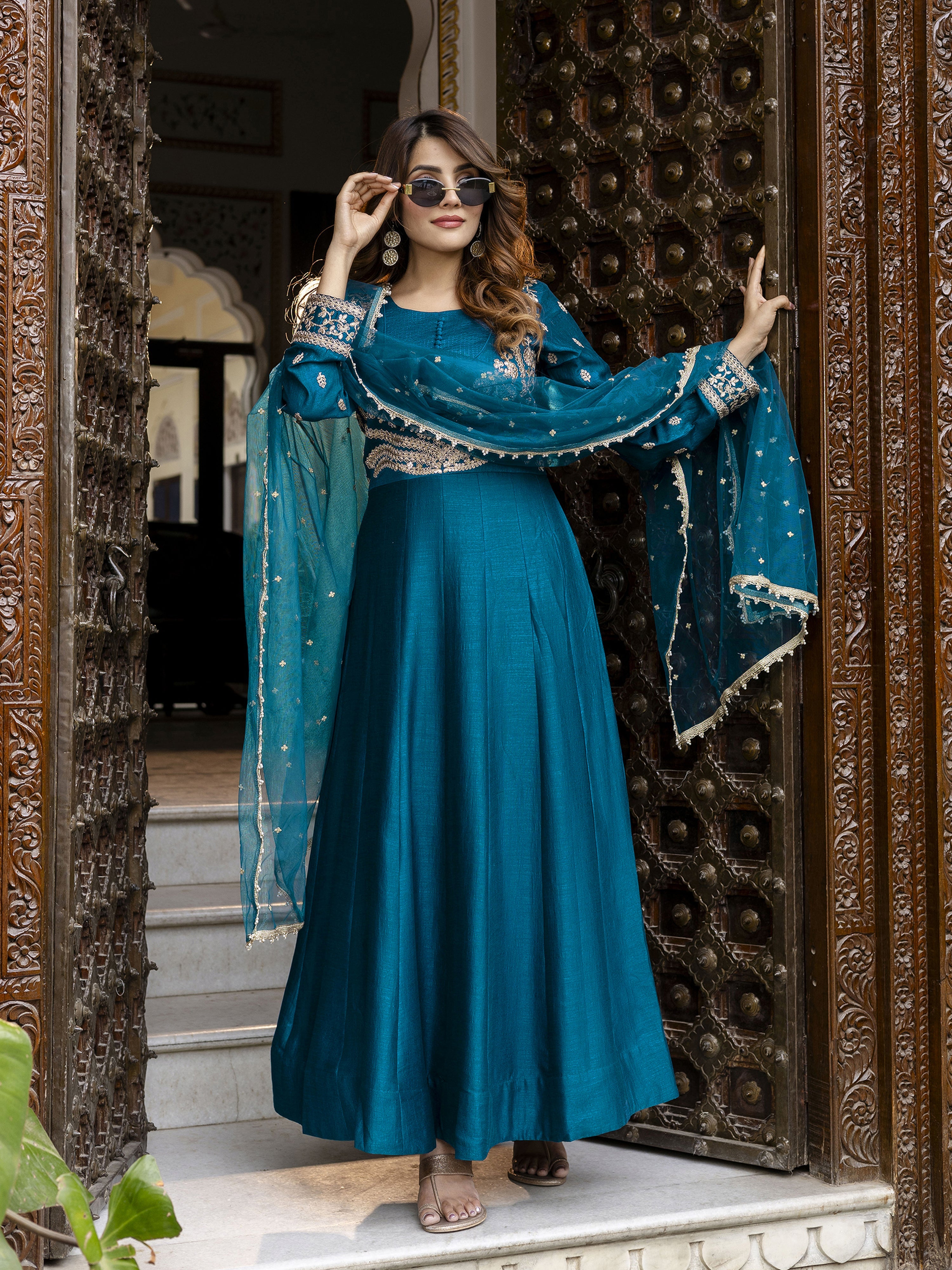 Morpeach Art Silk Embroidery Work Anarkali Kurta Pant with Net Dupatta Set Trendmalls