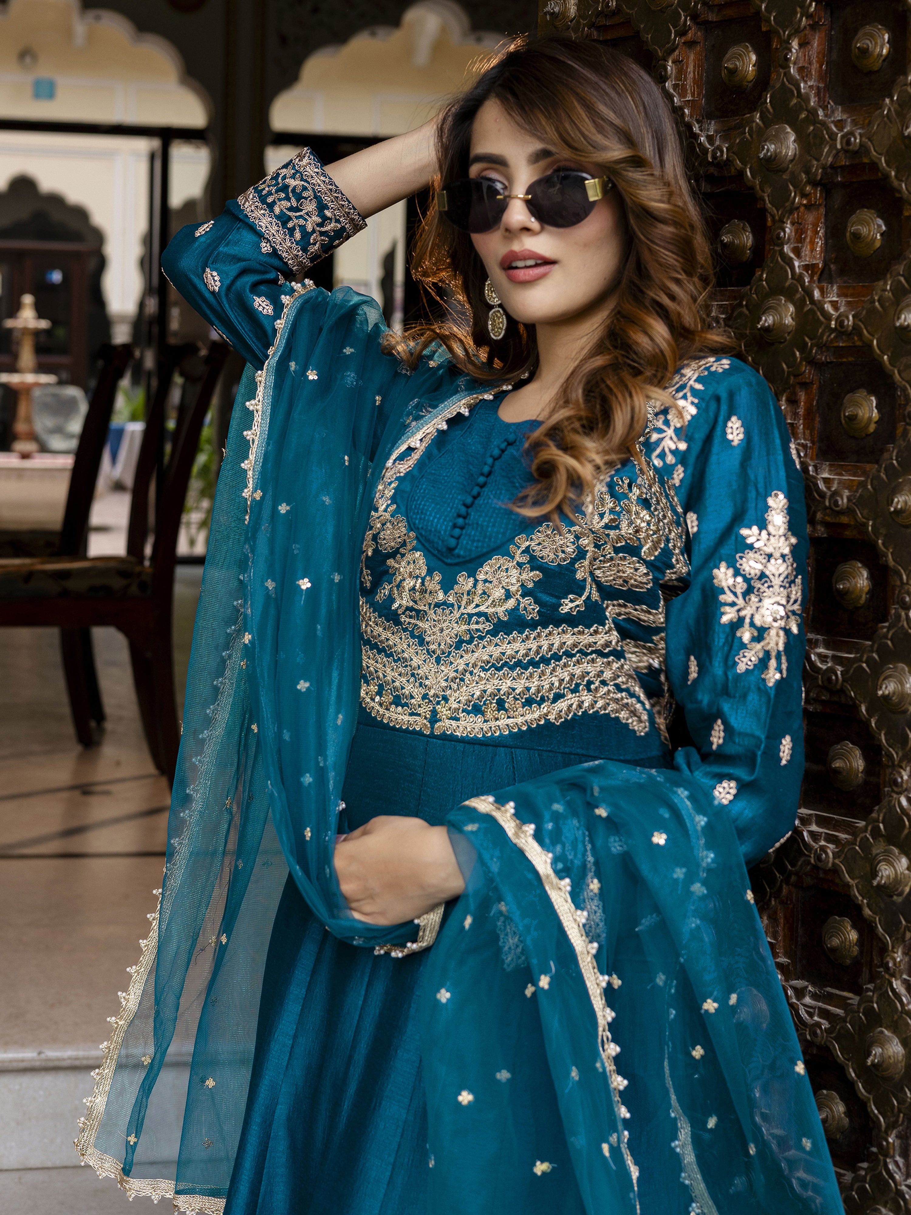 Morpeach Art Silk Embroidery Work Anarkali Kurta Pant with Net Dupatta Set Trendmalls