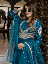 Morpeach Art Silk Embroidery Work Anarkali Kurta Pant with Net Dupatta Set Trendmalls