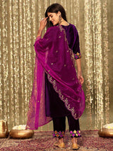 Purple Velvet Embroidery Salwar Suit Set with Dupatta for Women