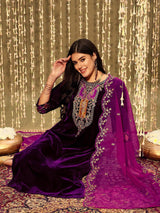 Purple Velvet Embroidery Salwar Suit Set with Dupatta for Women