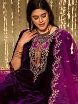 Purple Velvet Embroidery Salwar Suit Set with Dupatta for Women