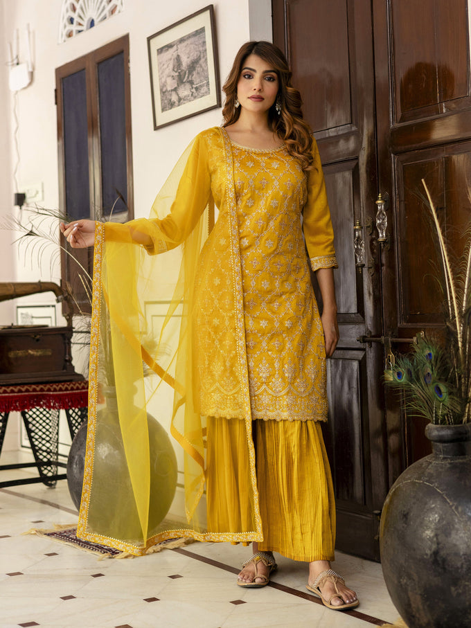 Yellow Art Silk Embroidery Sequence Work Pleated Kurta Sharara with Dupatta For Women's Trendmalls