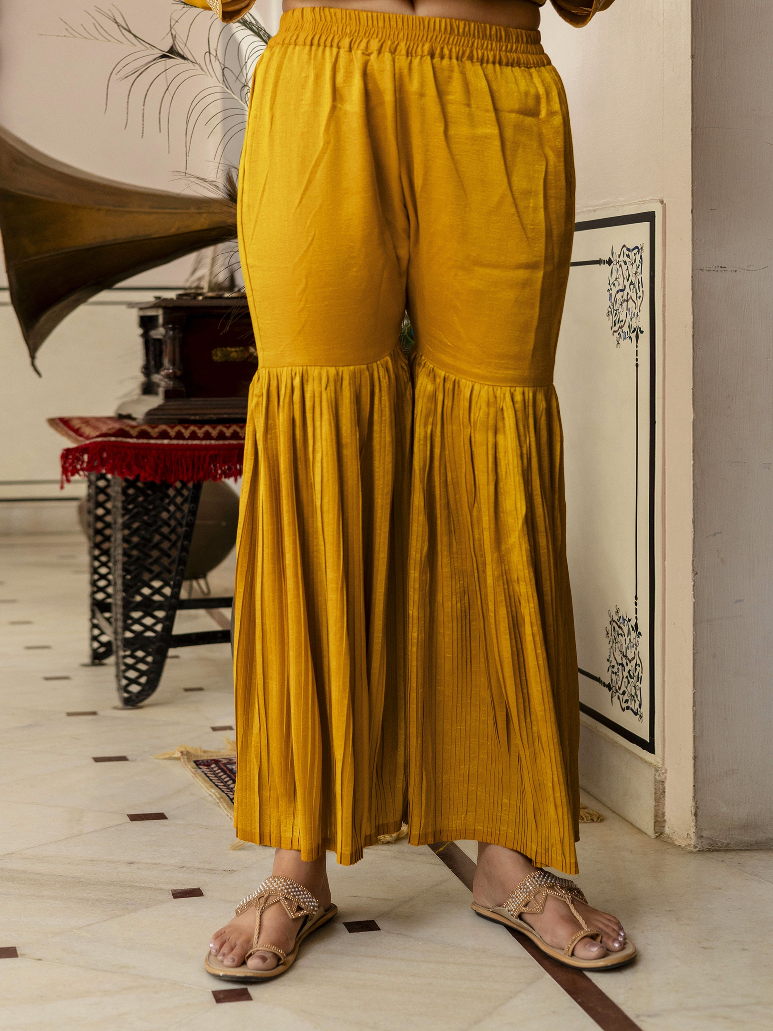 Yellow Art Silk Embroidery Sequence Work Pleated Kurta Sharara with Dupatta For Women's Trendmalls