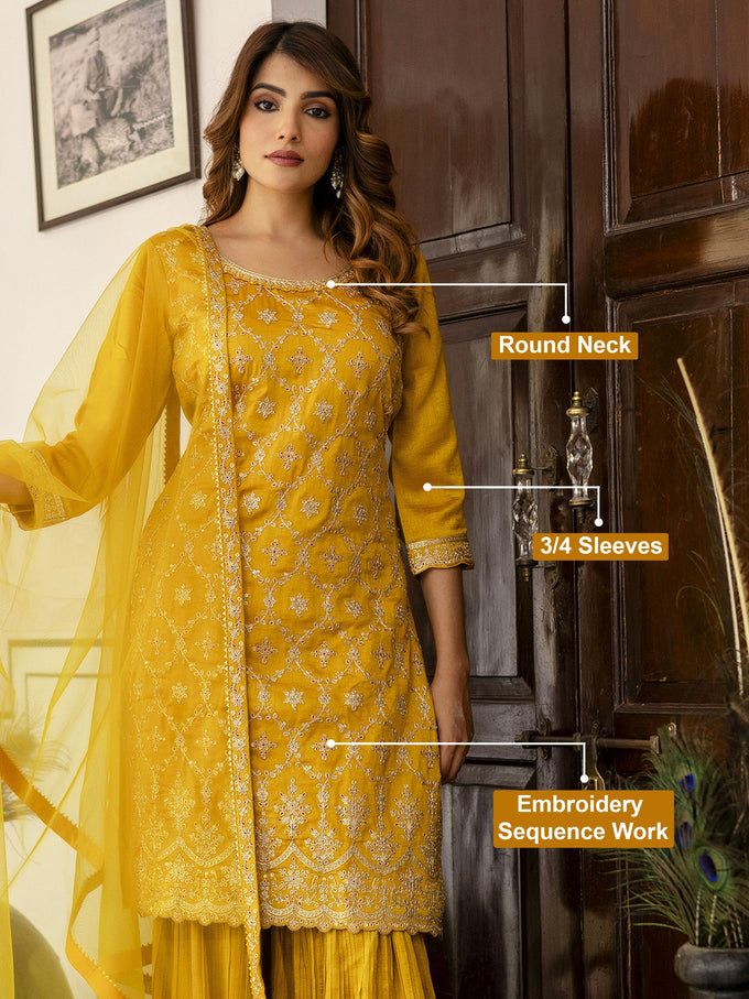 Yellow Art Silk Embroidery Sequence Work Pleated Kurta Sharara with Dupatta For Women's Trendmalls
